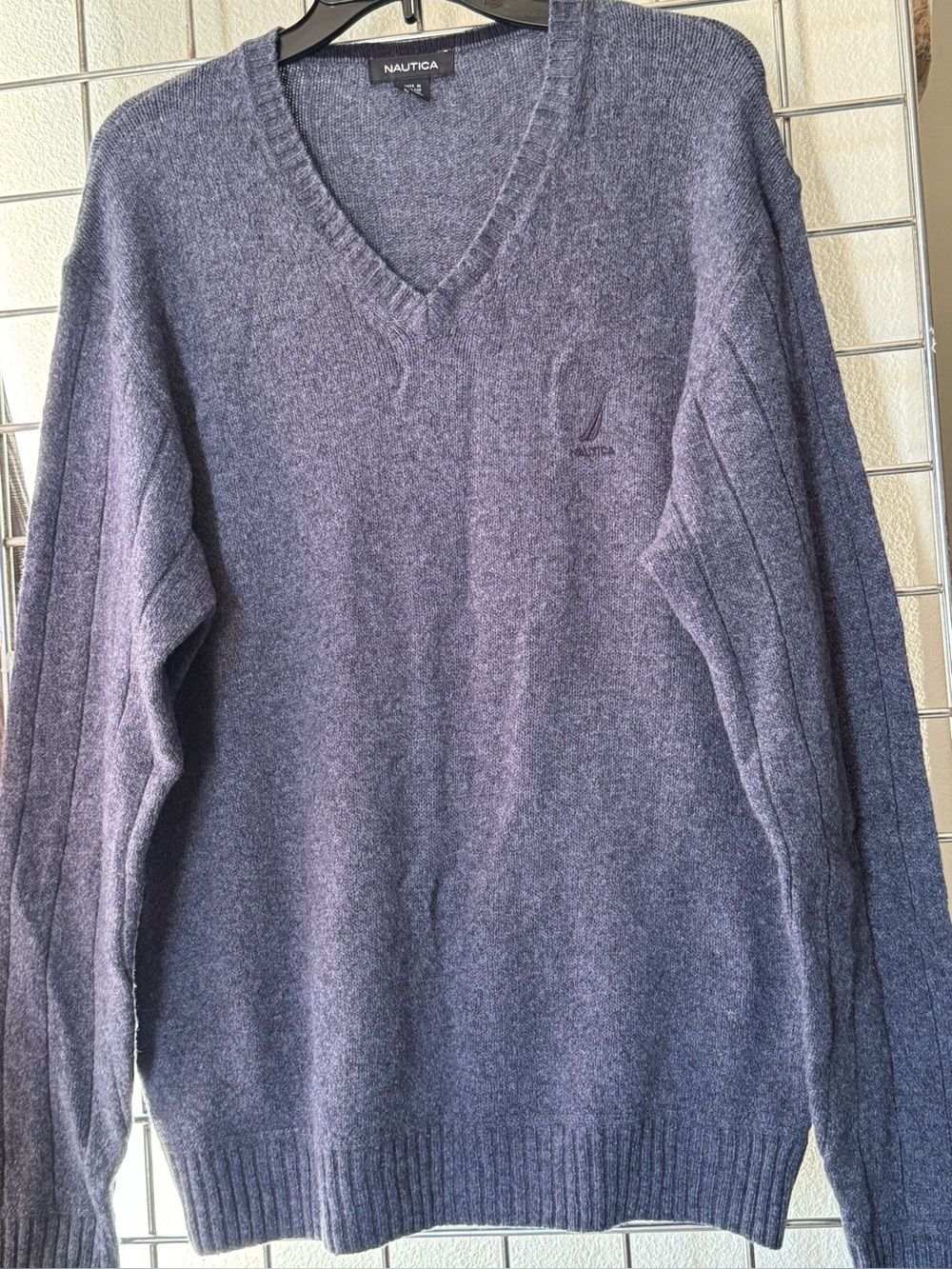 NAUTICA Men's Blue Gray Wool Blend V-Neck Sweater Size Large